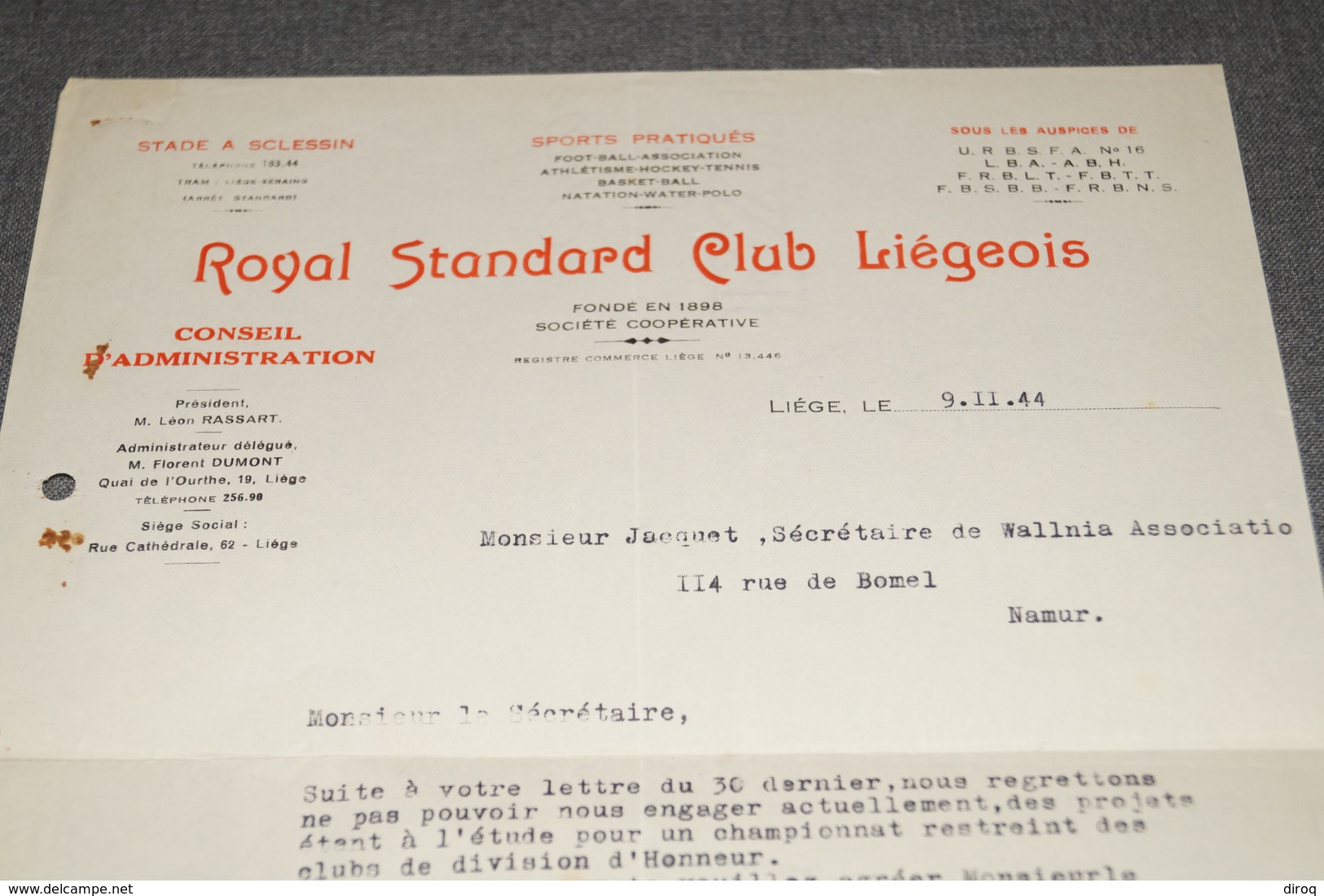 Club De Football Wallonia Namur,lettre Du Standard Club Liegeois Du 9/11/1944,Standard De Liège,unique Document,RARE - Andere & Zonder Classificatie