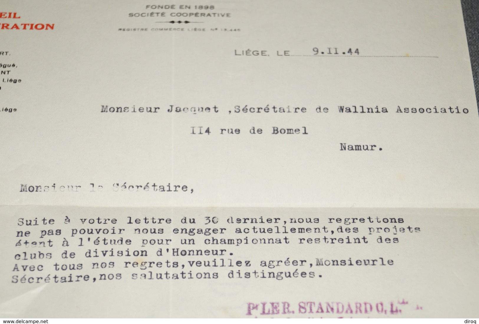 Club De Football Wallonia Namur,lettre Du Standard Club Liegeois Du 9/11/1944,Standard De Liège,unique Document,RARE - Autres & Non Classés