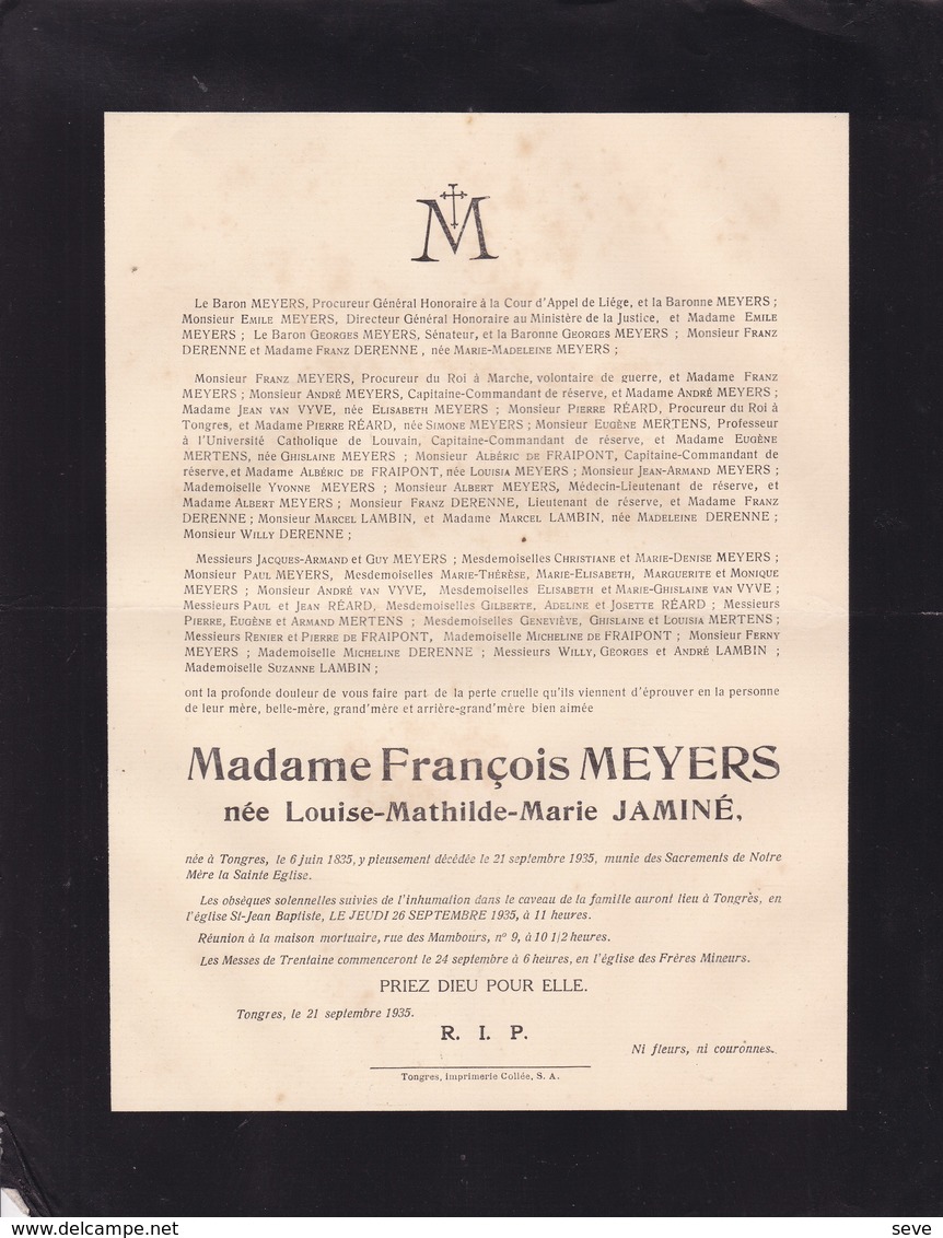 TONGRES Louise JAMINE épouse François MEYERS 1835-1935 Centenaire Famille DERENNE De FRAIPONT MERTENS - Todesanzeige