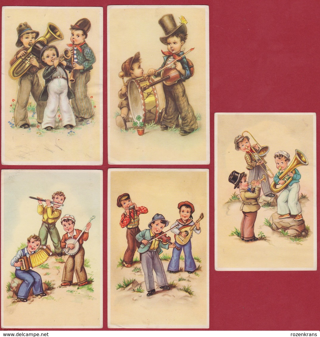 Lot Of 5 Old Postcards Music Children Enfants Accordion Harmonica Violin Banjo Trumpet Trombone Tuba Musiciens Musicians - Musique Et Musiciens