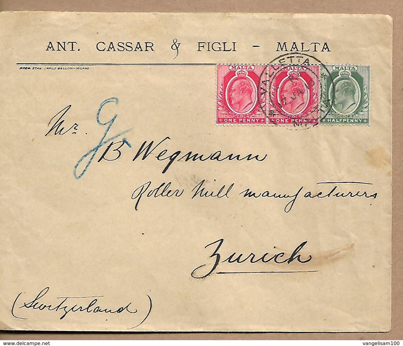 MALTA 1910 Cover Sent To Zurich 3 Stamps COVER USED - Malta (...-1964)