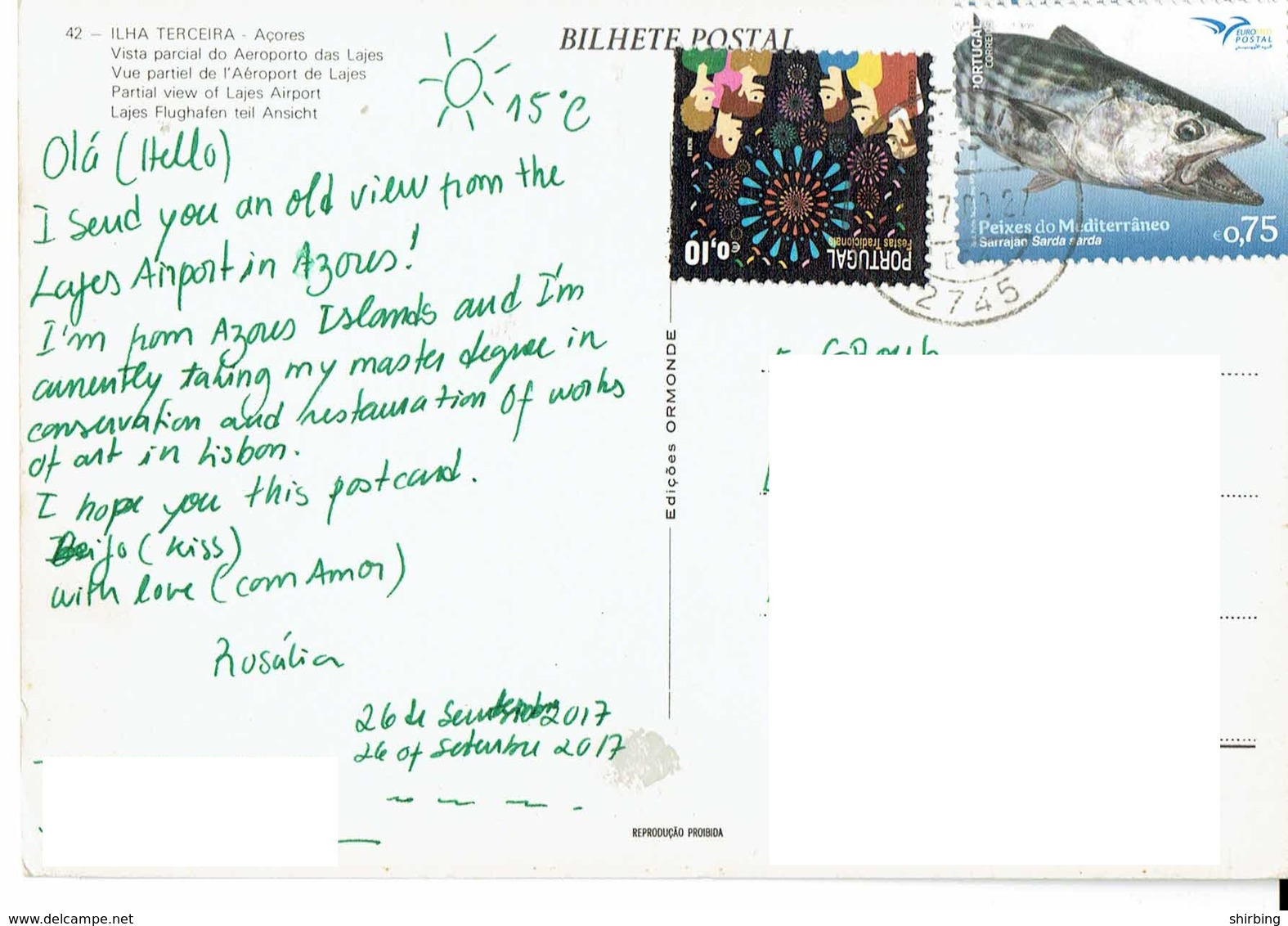 26E : Portugal Marine Fish, Fireworks Stamp Used On Country Airport Postcard - Lettres & Documents