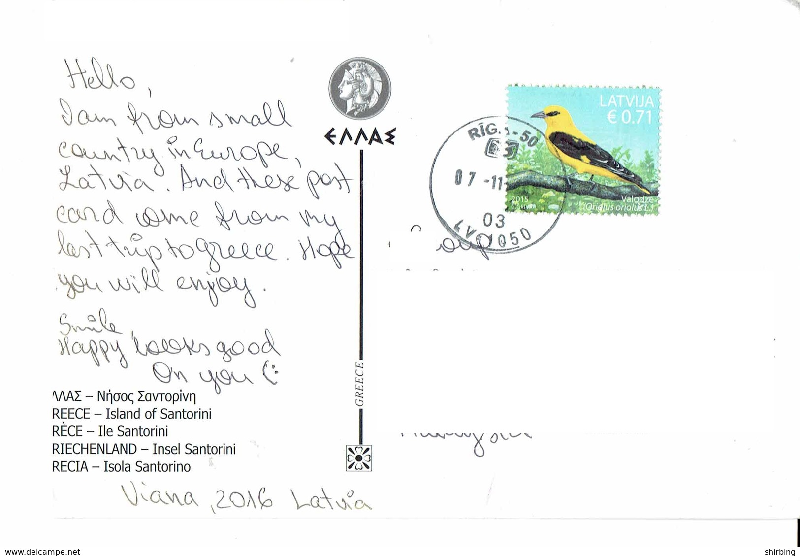 26E :Latvia Yellow Bird Stamp Used On Island Of Santorini Greece Postcard - Lettland