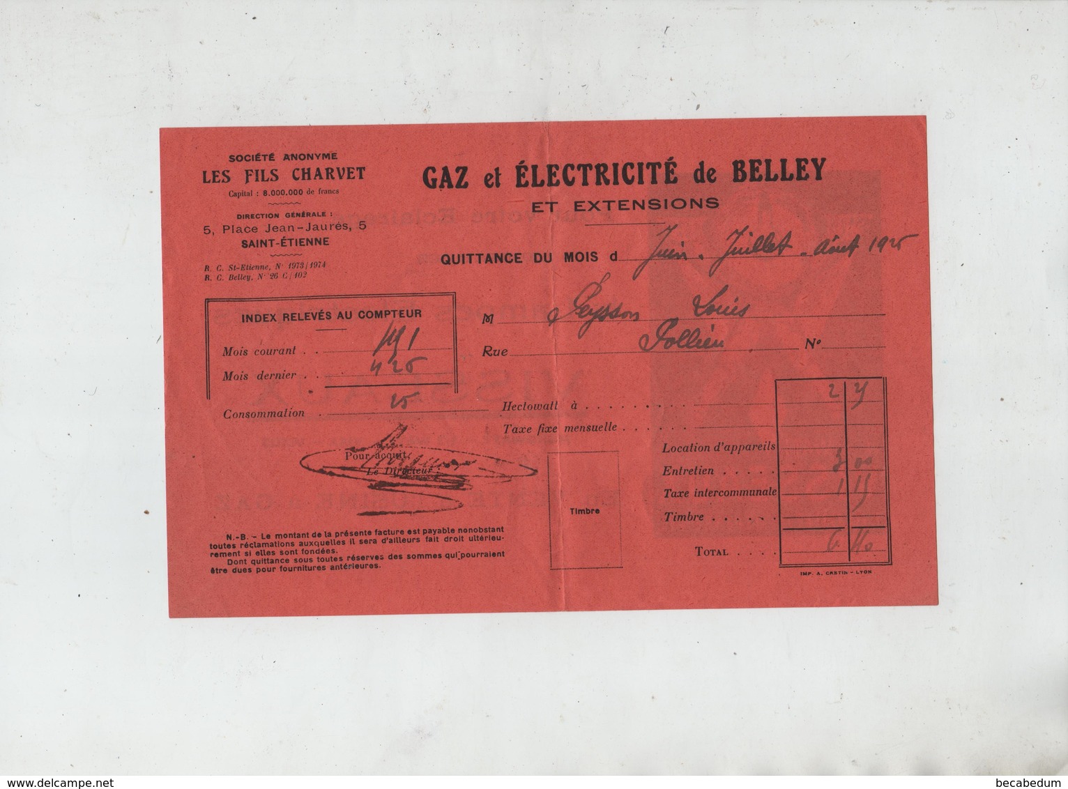 Visseaux Gaz Electricité Belley 1925 Peysson Pollieu Fils Charvet - Pubblicitari