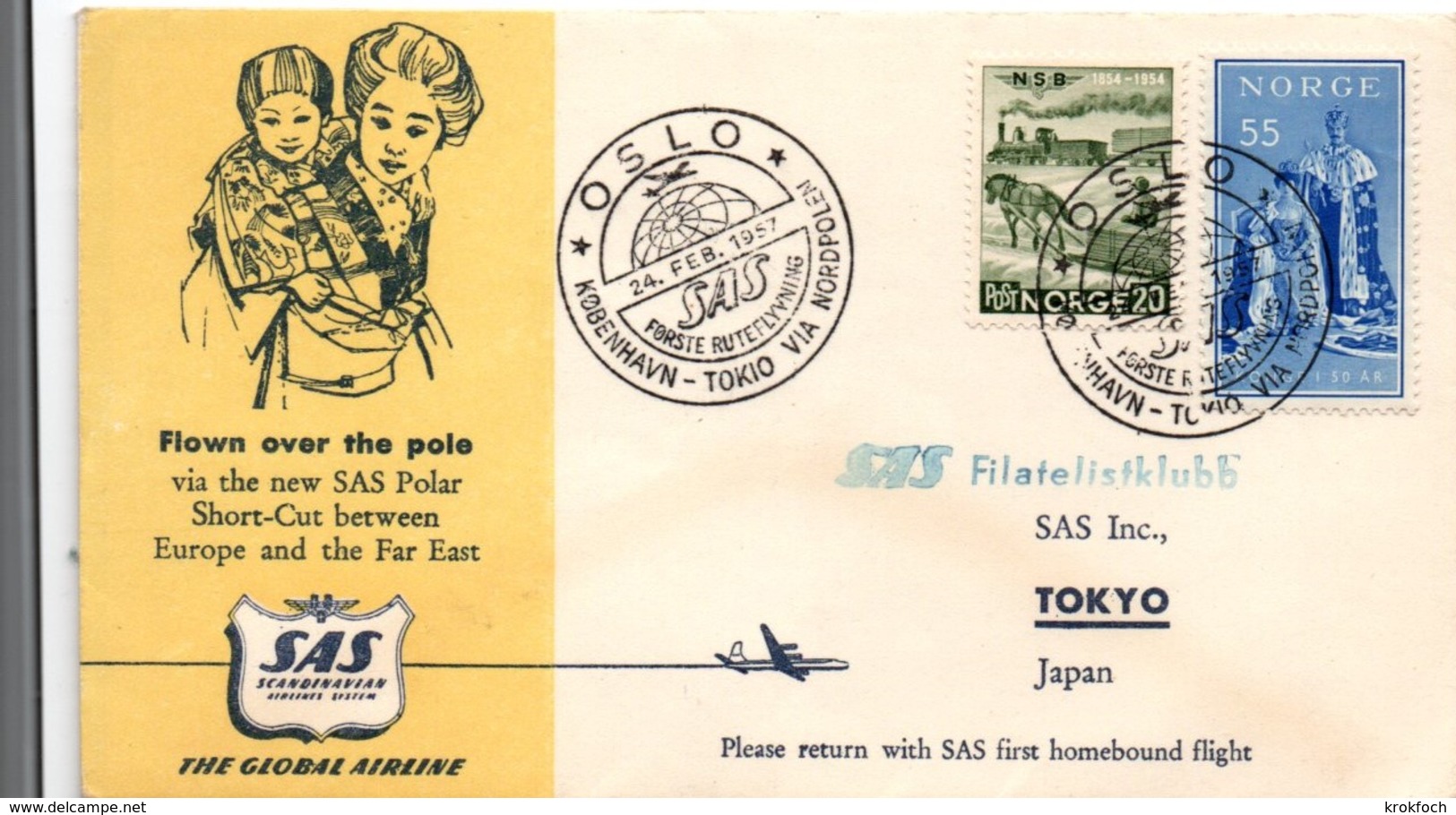 Oslo 1957 - Inaugural Flight SAS Kobenhavn Tokyo Via Nordpolen - Route Polaire - Danmark Japan Copenhague - Storia Postale