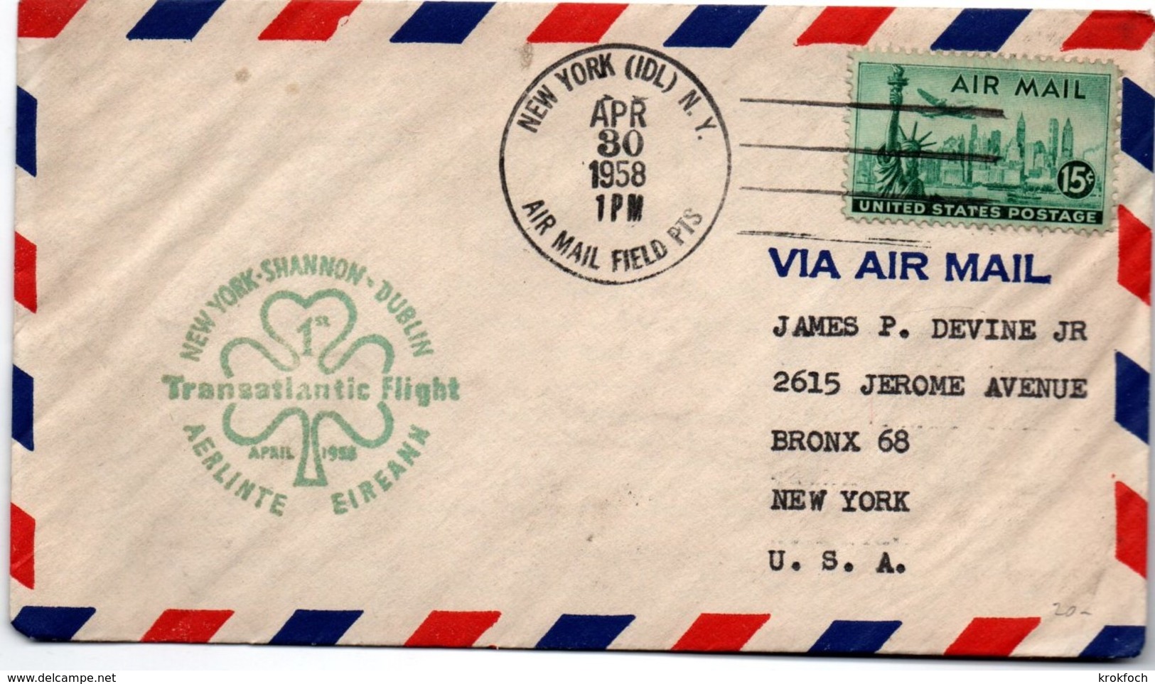 New York Shannon Dublin 1958 - 1er Vol Inaugural Flight Erstflug - Aerlinte Eireann - Trèfle - Lettres & Documents