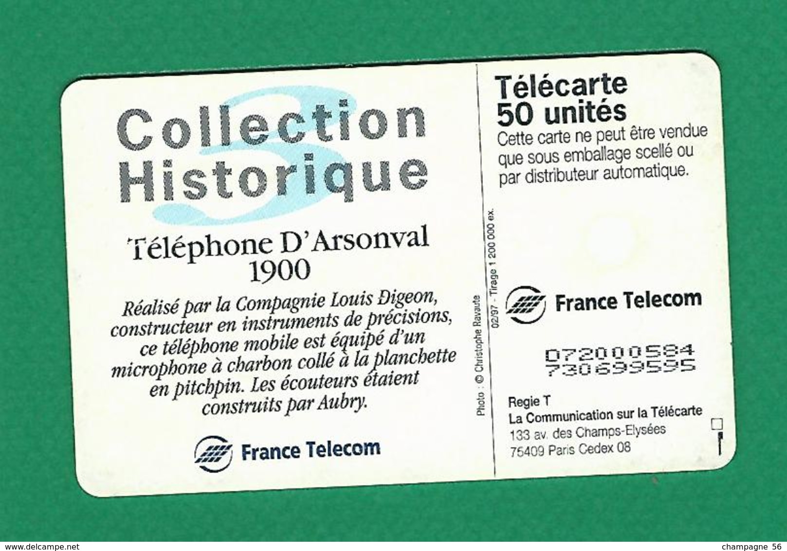 02 / 1997 TÉLÉPHONE D ' ARSONVAL 1900 UNITÉS 50  PUCE OB2 - Téléphones
