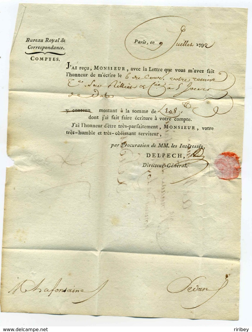 Franchise Bureau Royal De Correspondance / Porc Franc  Fleurs De Lys / 9 Juillet 1792/ Révolution Française - 1701-1800: Precursori XVIII