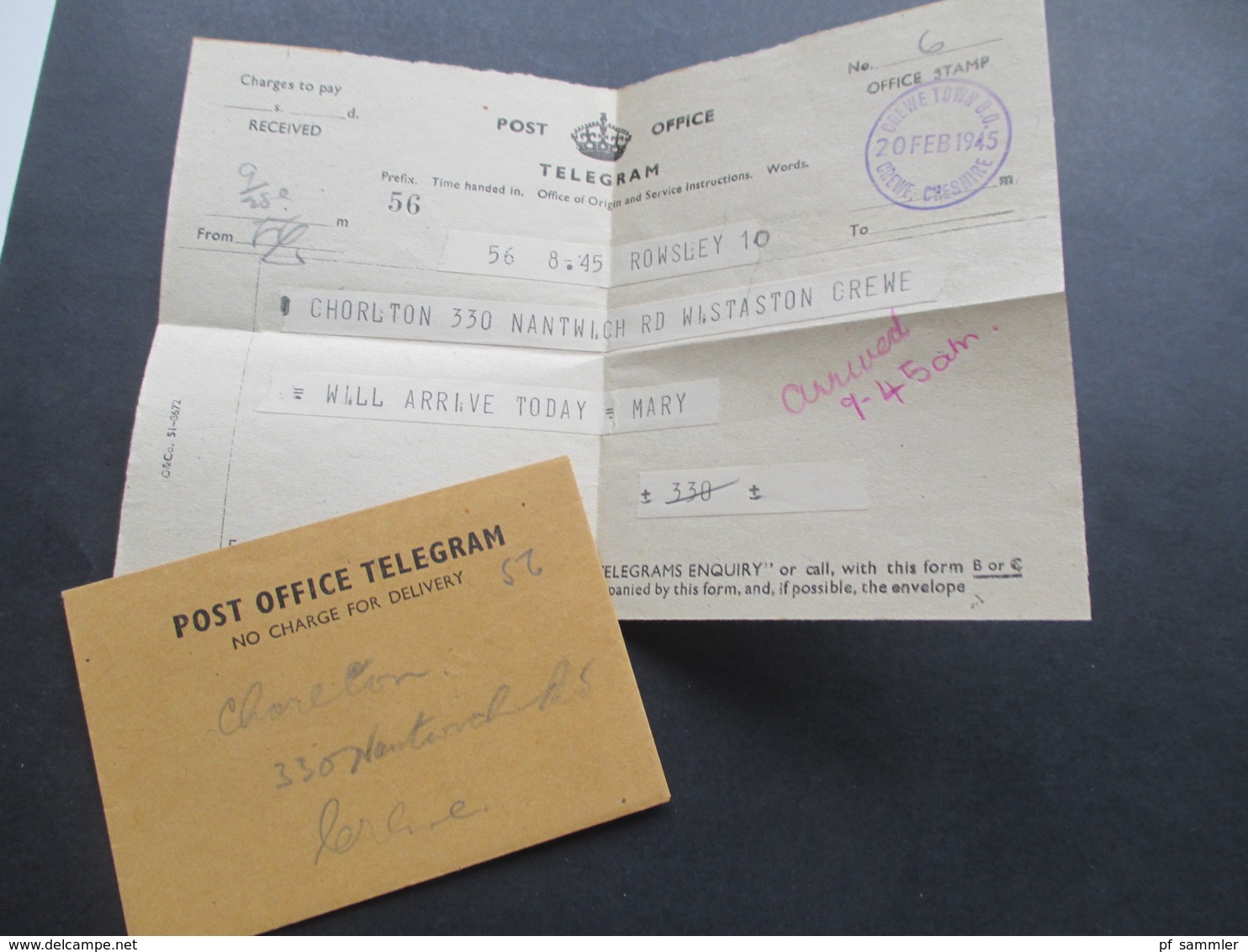 GB 20.Feb.1945 Post Office Telegram Mit Originalumschlag! Aus Rowsley / Crewe Town B.O. Crewe Cheshire - Covers & Documents