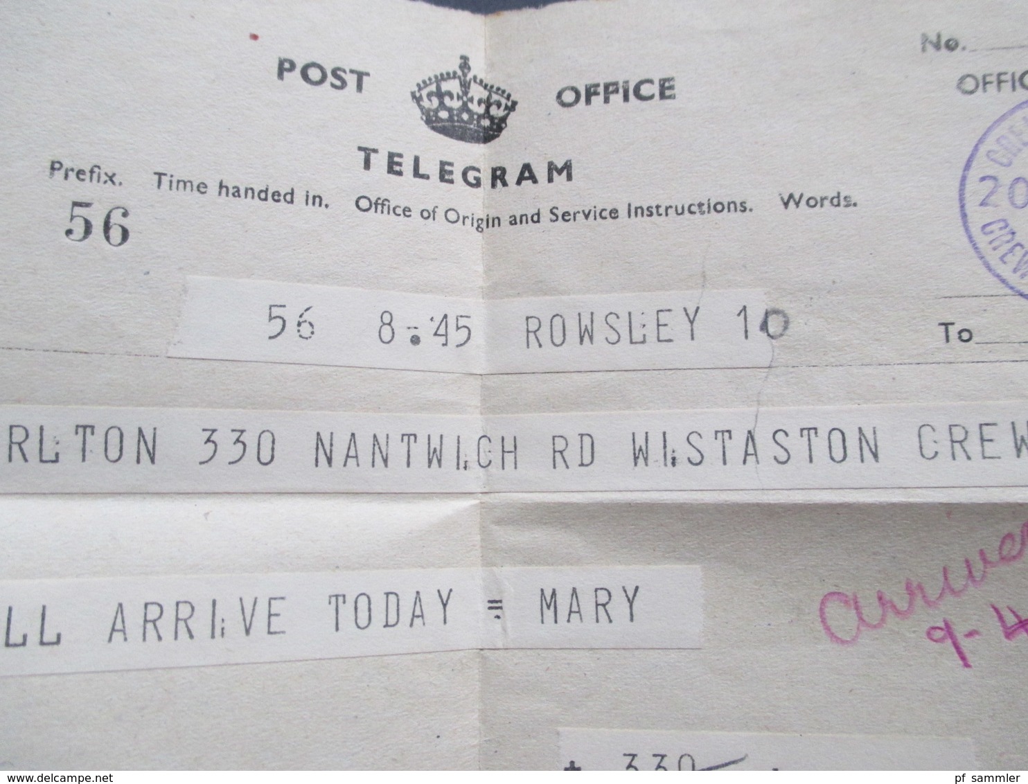 GB 20.Feb.1945 Post Office Telegram mit originalumschlag! aus Rowsley / Crewe Town B.O. Crewe Cheshire