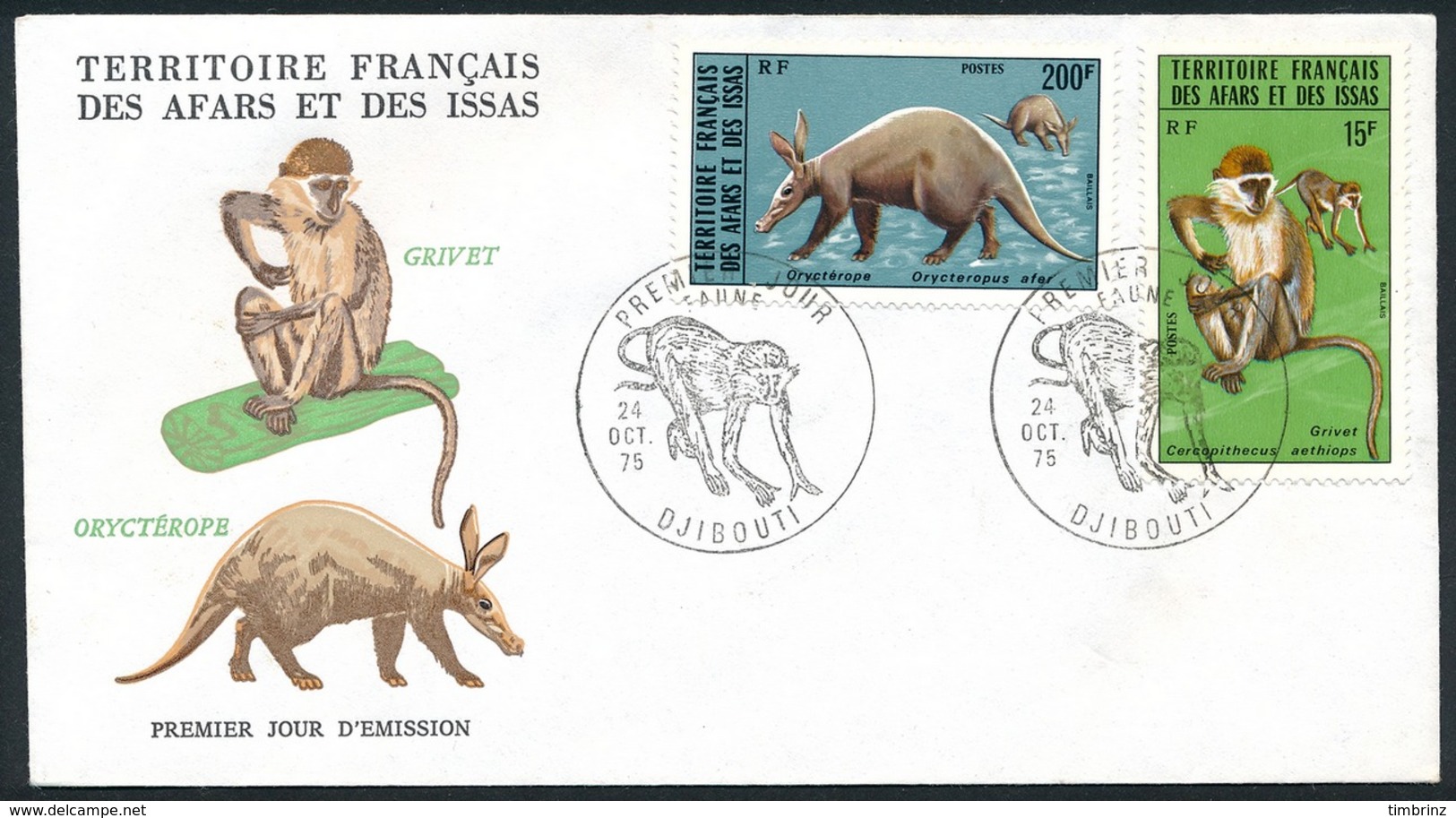 AFARS ET ISSAS FDC 1975 - Obl. 1er Jour Sur Yv. 408 Et 409 Faune: Singe Grivet Et Oryctérope (2 Val.)  ..Réf.AFA23348 - Lettres & Documents