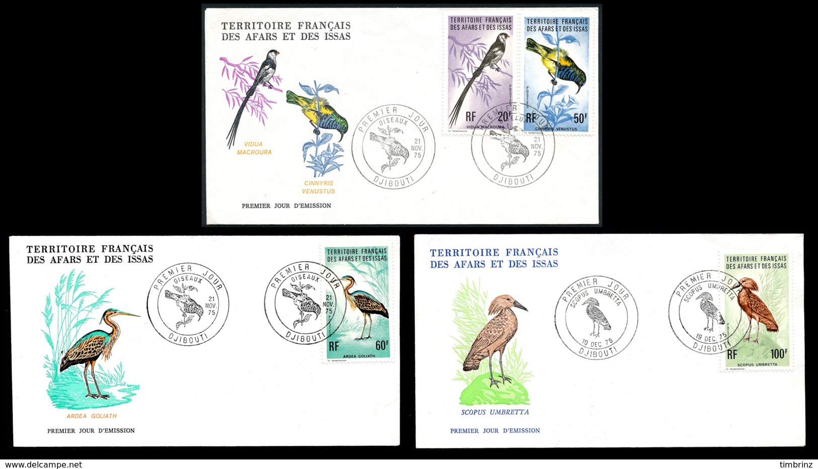 AFARS ET ISSAS FDC 1975 - Obl. 1er Jour Sur Yv. 410 à 413 Oiseaux: Vidua, Cinnyris, Ardéa... (4 Val.)  ..Réf.AFA23349 - Covers & Documents