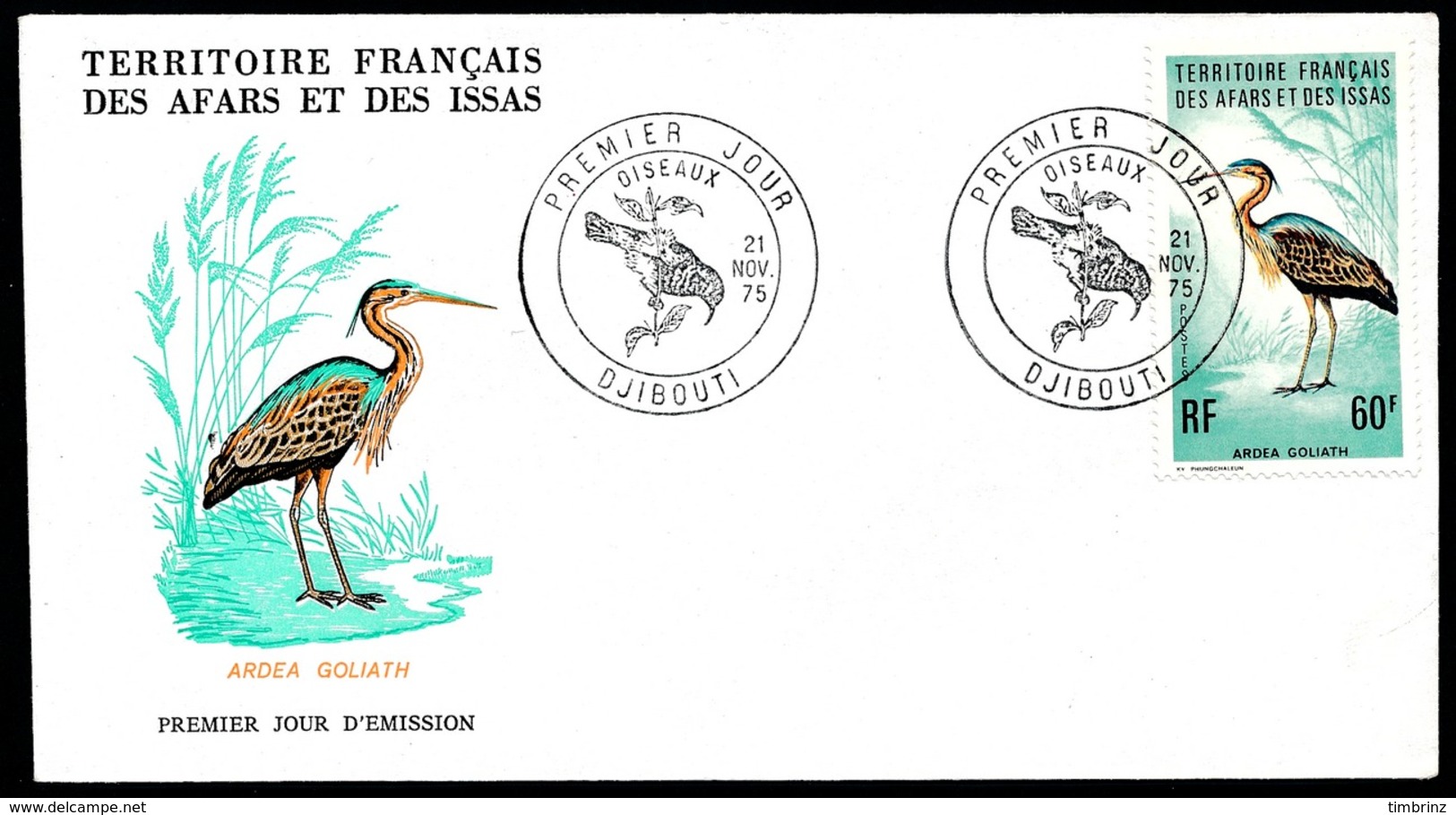 AFARS ET ISSAS FDC 1975 - Obl. 1er Jour Sur Yv. 410 à 413 Oiseaux: Vidua, Cinnyris, Ardéa... (4 Val.)  ..Réf.AFA23349 - Cartas & Documentos