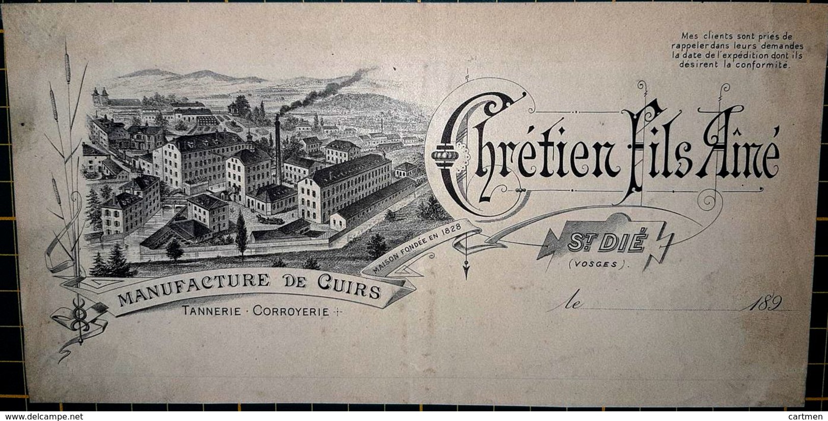 88 SAINT DIE CHRETIEN ET FILS CUIRS TANNERIES CORROYERIE EN TETE DE FACTURE 22 X 15 CM - 1800 – 1899