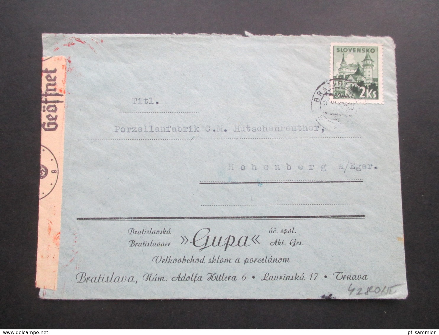 Slowakei 1941 Zensurpost Firmenumschlag An Die Porzellanfabrik Hutschenreuther OKW Zensur / Geöffnet - Storia Postale