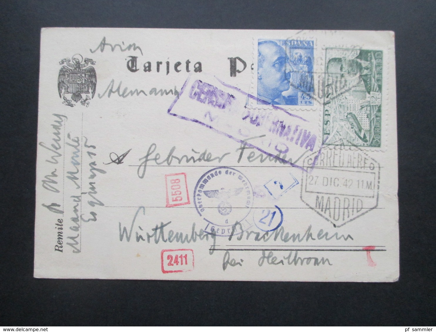 Spanien 1942 Luftpost Karte Madrid - Brackenheim Mehrfachzensur Censura Gubernativa Und OKW D Geprüft Und Weitere Zensur - Storia Postale