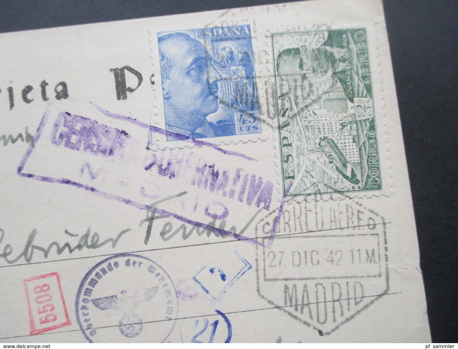 Spanien 1942 Luftpost Karte Madrid - Brackenheim Mehrfachzensur Censura Gubernativa Und OKW D Geprüft Und Weitere Zensur - Briefe U. Dokumente