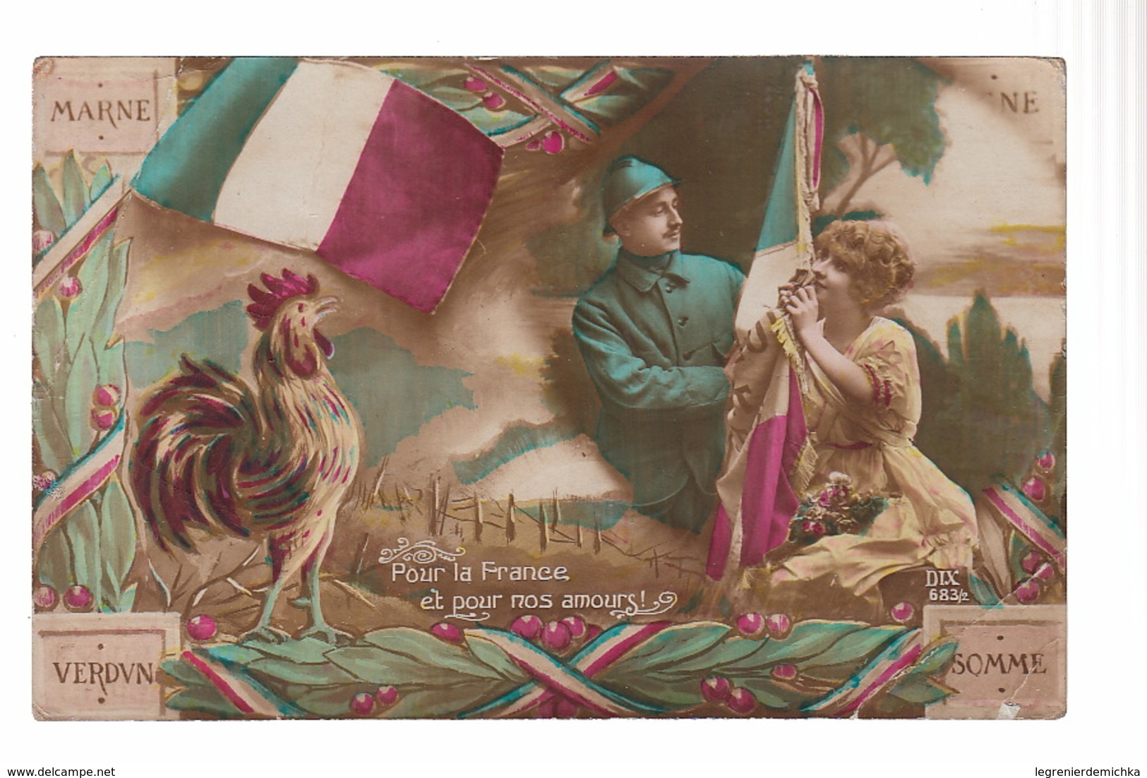 CPA Fantaisie - MILITARIA - Militaire Couple Patriotique Coq Drapeau - Patriotiques