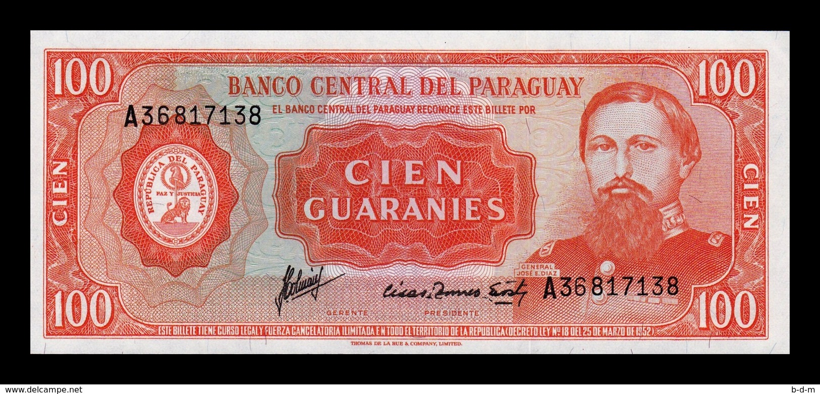 Paraguay 100 Guaraníes L.1952 (1963) Pick 199b SC UNC - Guyana