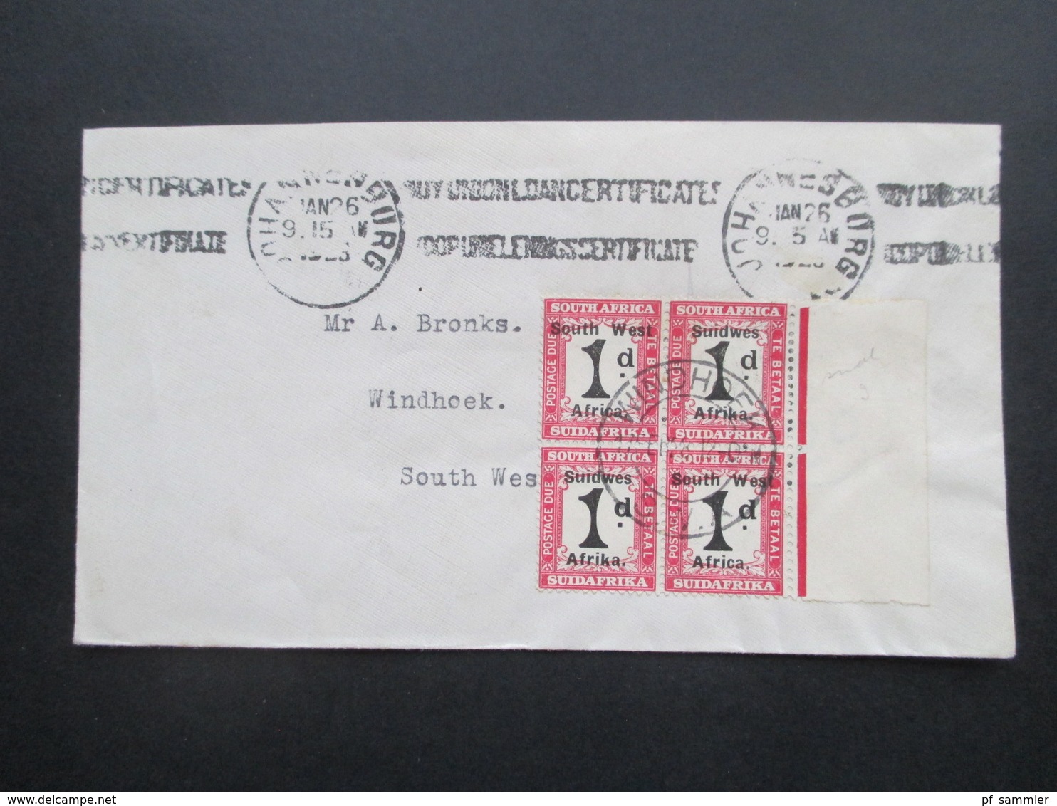 GB Kolonie SWA Postage Due Nr. 43 / Portomarke Im Viererblock Vom Rechten Bogenrand South West Africa / Suidwes Afrika - Zuidwest-Afrika (1923-1990)