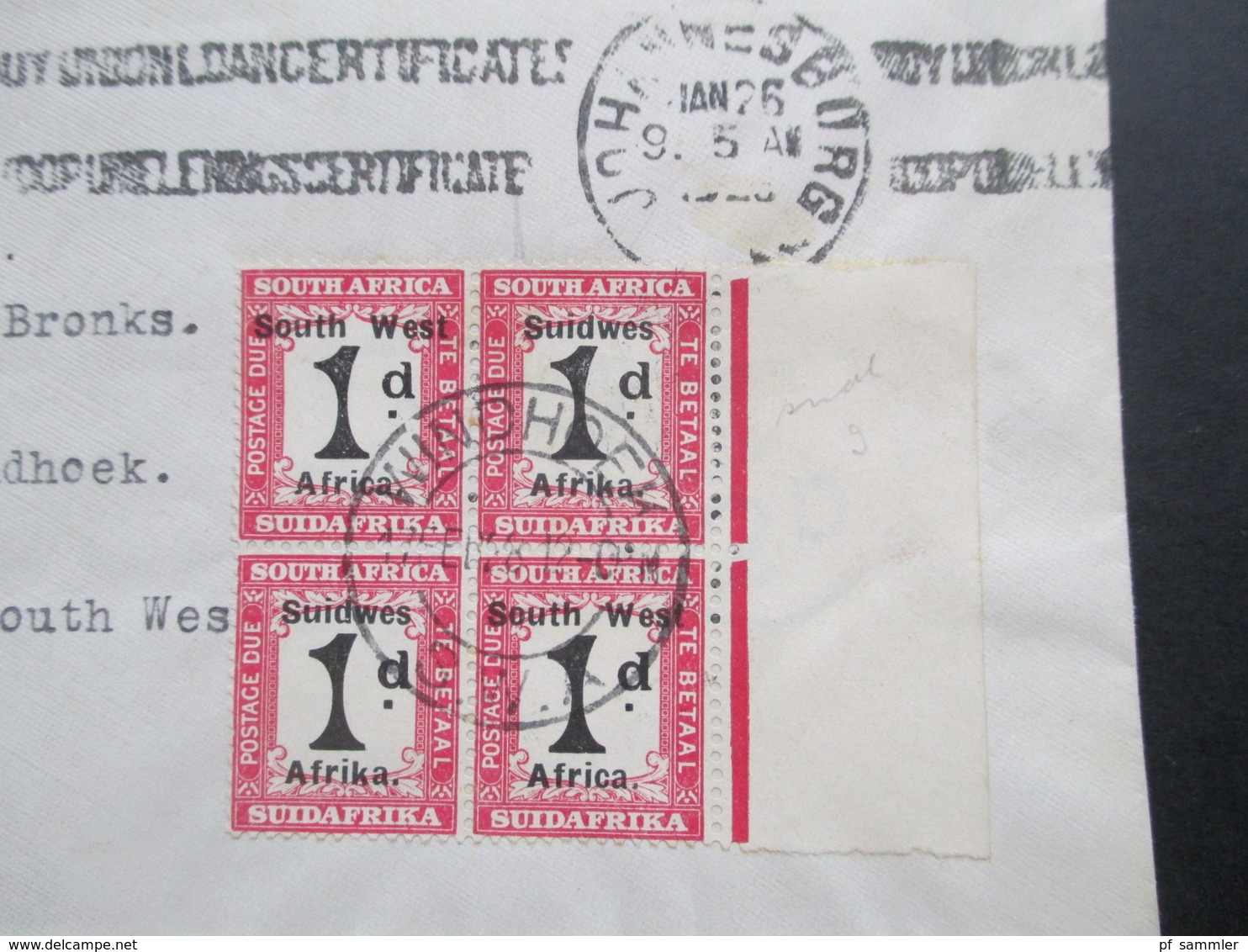 GB Kolonie SWA Postage Due Nr. 43 / Portomarke Im Viererblock Vom Rechten Bogenrand South West Africa / Suidwes Afrika - Südwestafrika (1923-1990)