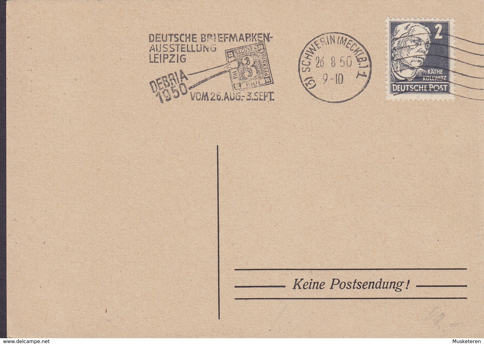 Alliierte Besetzung Slogan 'Briefmarken Ausstellung Leipzig DEBRIA' SCHWERIN Meckl. 1950 Card Karte Keine Postsendung ! - Autres & Non Classés