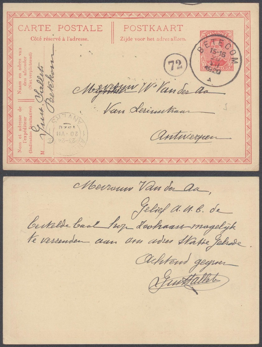 EP Au Type 10ctm Rouge Obl Simple Cercle "Betecom" (1920) Vers Antwerpen / émission 1915 - Cartes Postales 1909-1934