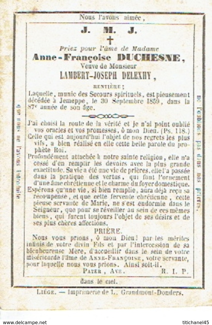 Faire-part Décès JEMEPPE/SUR-MEUSE 1772-1859 - Anne-Françoise DUCHESNE Veuve Lambert-Joseph DELEXHY - Liho. DOPTER - Obituary Notices