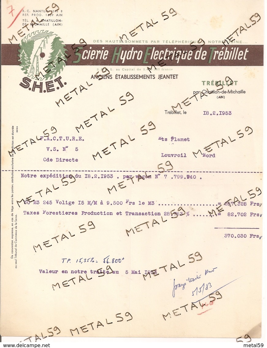 Scierie Hydro-électrique De Trébillet (Ain) Par Chatillon De Michaille, 1951, Lot De 24 Factures - 1950 - ...