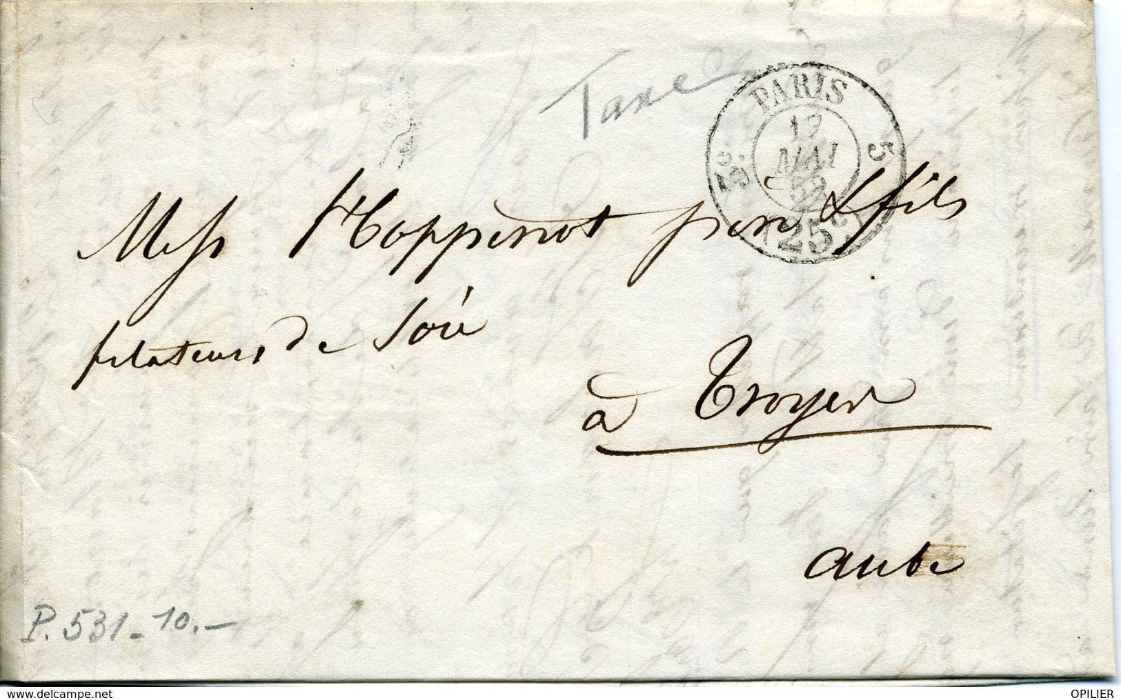 Paris Port Dû 25 Décembre 1852 Cachet Pothion N°531  PARIS 3e (25c) 5 Route De Paris à Troyes - 1849-1876: Période Classique