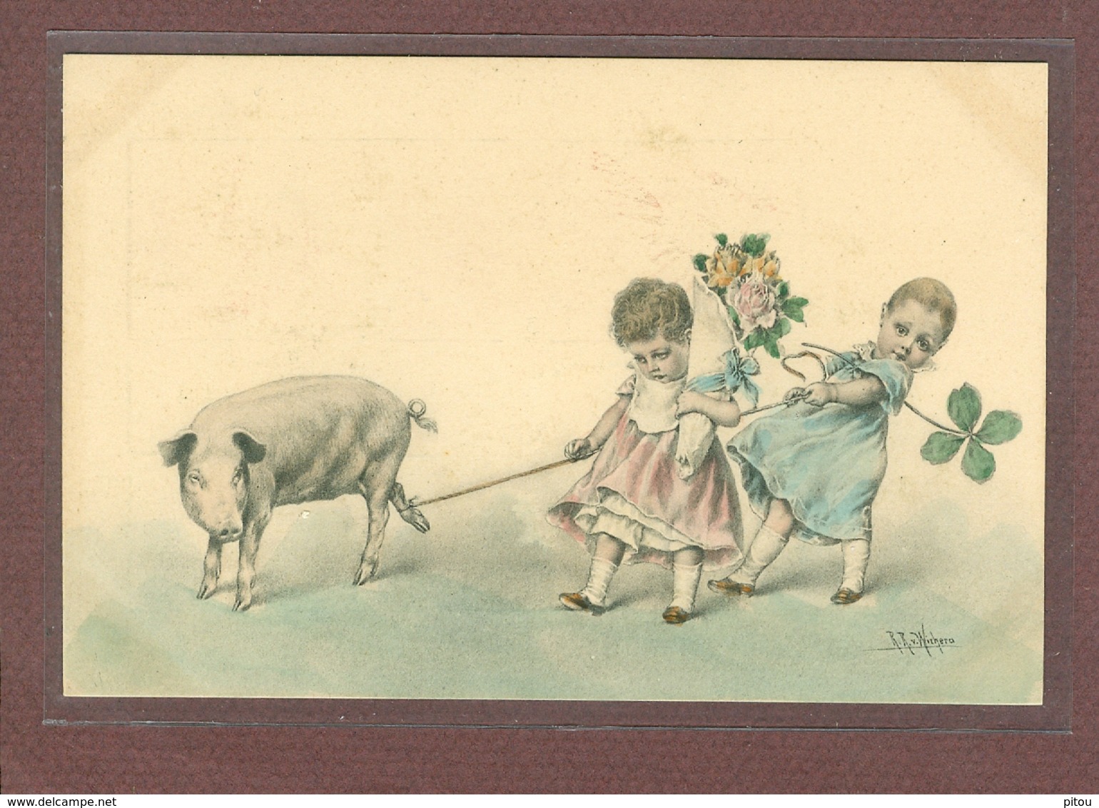 ILLUSTRATEUR - M. M. VIENNE - WICHERA - 2 ENFANTS, BOUQUET DE ROSES, COCHON ET TREFLE - EDITION 1900 - Wichera