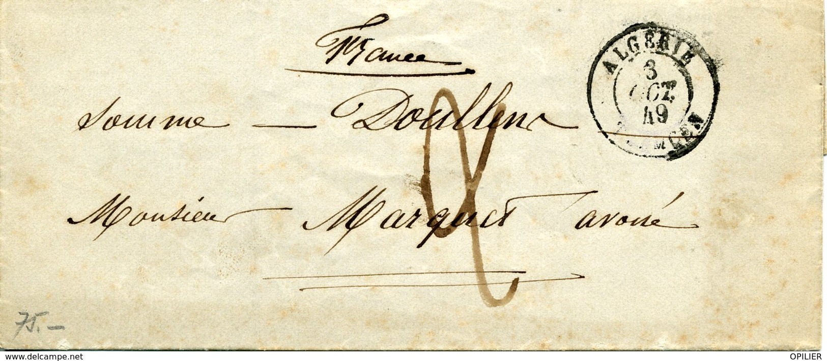 ALGERIE TLEMCEN 3 Octobre 1849 Cachet 15 Pour Doullens Port Dû Taxe 2 Décimes Manuscrite - 1849-1876: Periodo Clásico