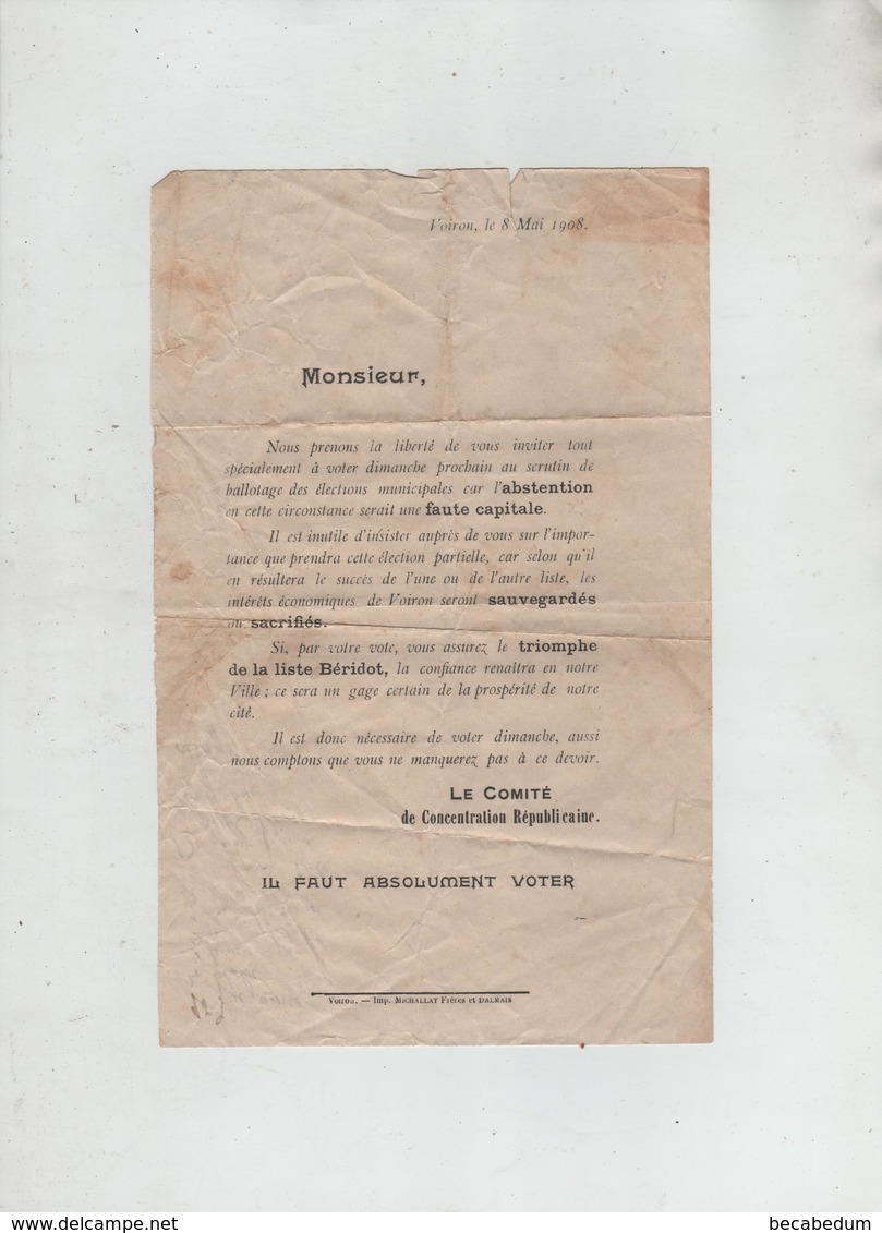 Voiron 1908 élections Municipales Liste Béridot Comité De Concentration Républicaine Politique - Non Classés