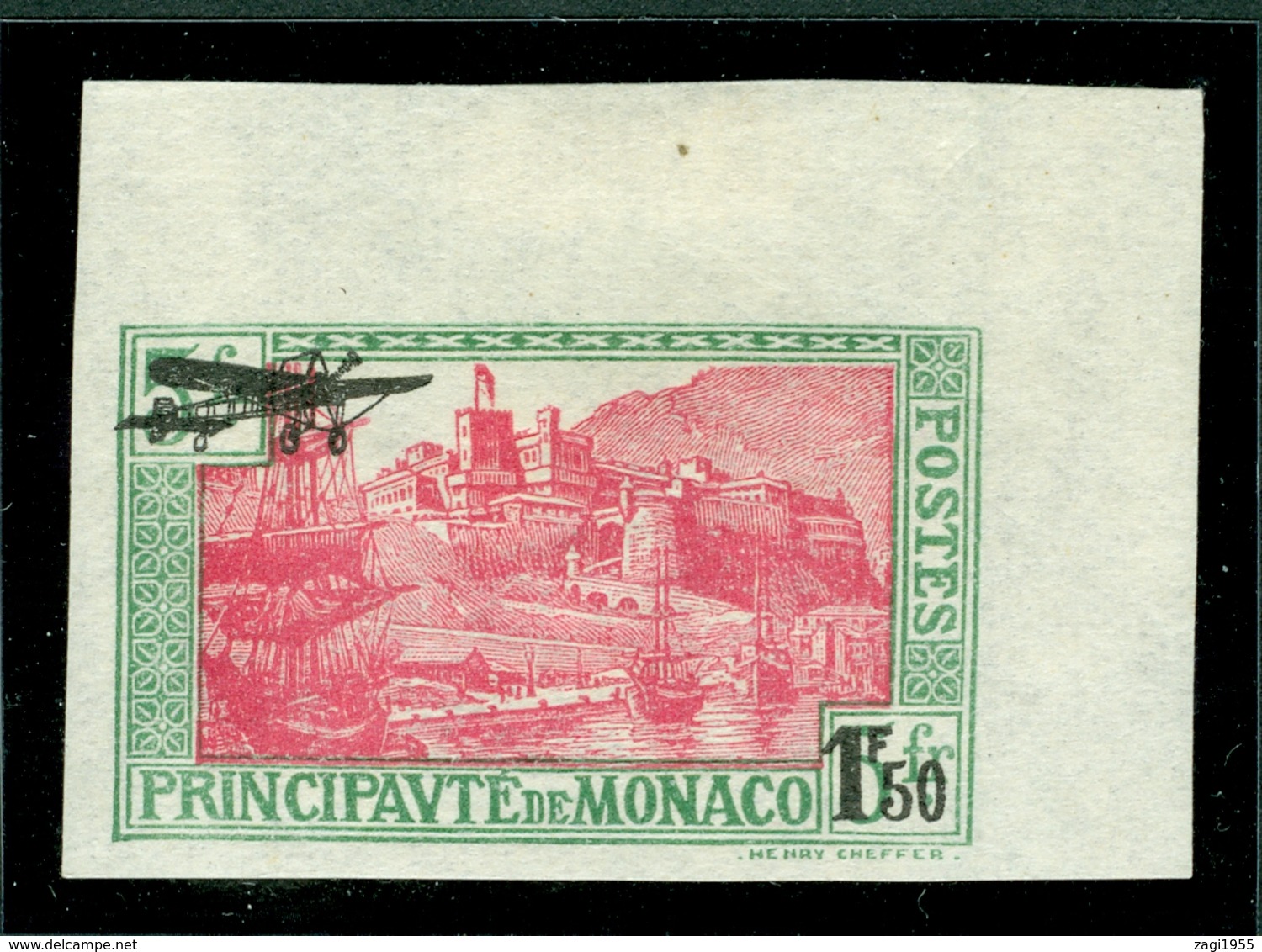 Monaco 1933 Harbor Ship Air Mail Airplane Overprint IMPERFORATED Michel 137 MNH - Nuovi