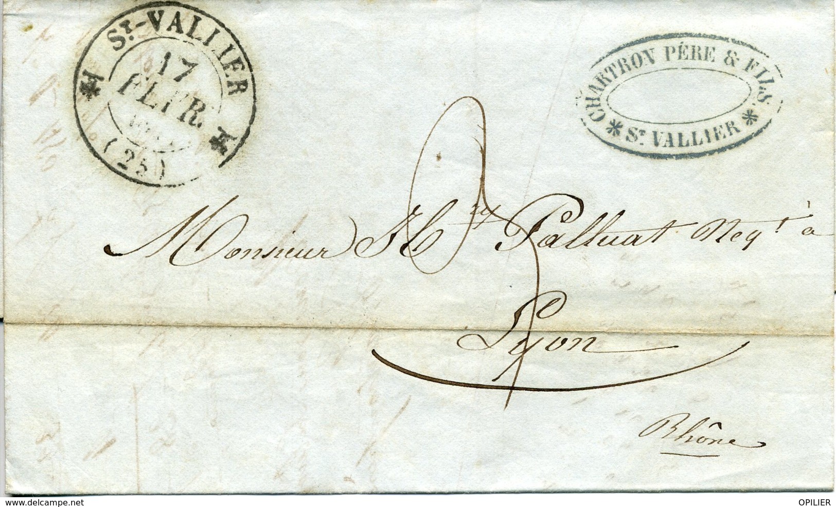 SAINT VALLIER DROME Cachet Type 12 17 Février 1844 Pour Lyon. Taxe 3 Décimes Manuscrite - 1801-1848: Précurseurs XIX