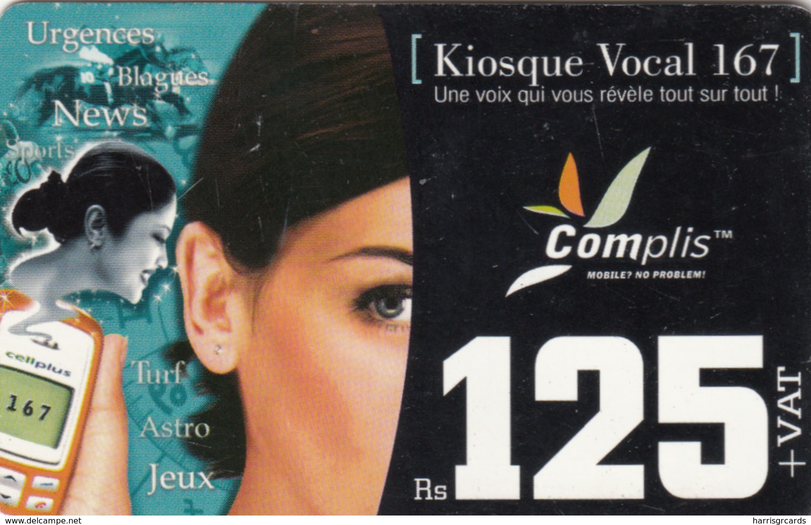 MAURITIUS ISLAND - Woman With Phone Kiosque Vocal 167 ,expiry Date:31/12/2007, Cellplus Complis Recharge, 125 Rs, Used - Mauritius