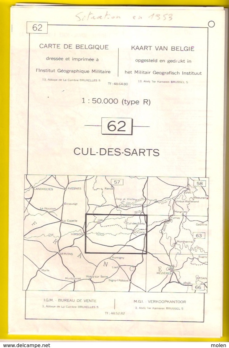 ©1953 CUL-DES-SARTS Couvin CARTE D ETAT MAJOR OCROI SIGNY-LE-PETIT AUBENTON REGNIOWEZ BRULY SAIT-MICHEL ANOR RIEZES S482 - Cul-des-Sarts