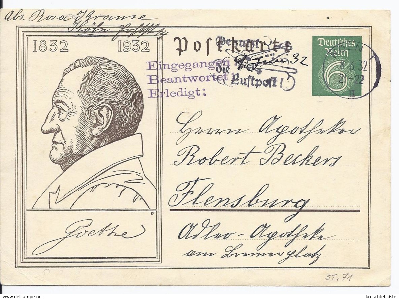 Dt.- Reich (002373) Ganzsache P213, Goethe, Gelaufen Köln Am 8.6.1932 Mit Postwerbestempel - Altri & Non Classificati