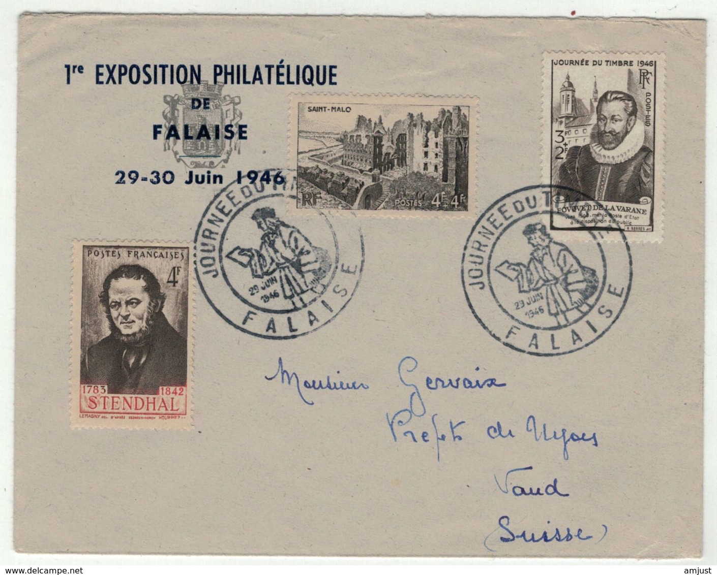 France // 1945-1949 // Lettre De La Journée Du Timbre De Falaise Pour La Suisse - Covers & Documents