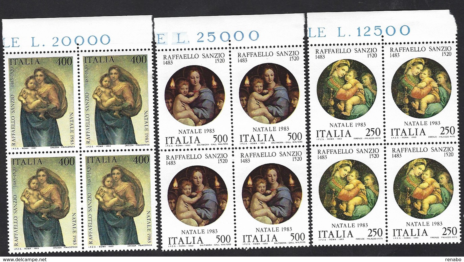 Italia 1983; Natale: Dipinti Di Raffaello Sanzio; Serie Completa In Quartine Con Prezzo Del Foglio Sul Bordo Superiore. - 1981-90: Ungebraucht