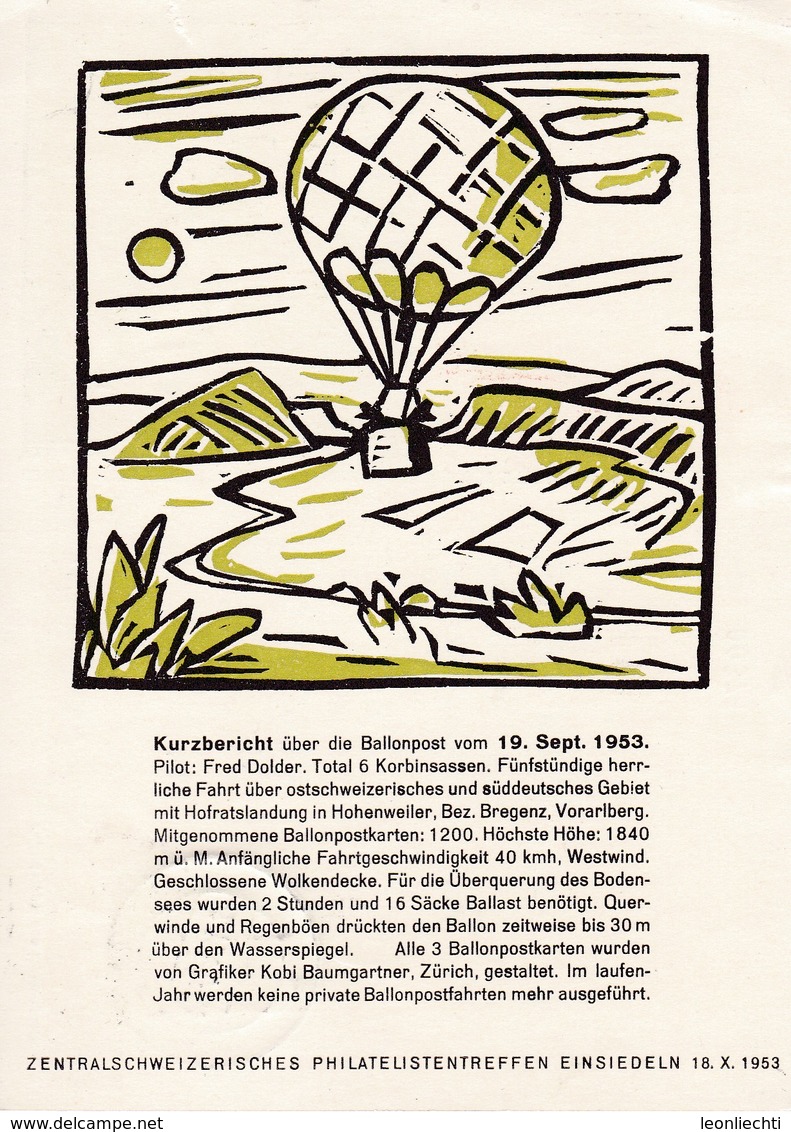 Ballonpost, Ballon " Zürich " 1.11.1953. I.V.K.B.P. Schlieren - Zürich. - Autres & Non Classés