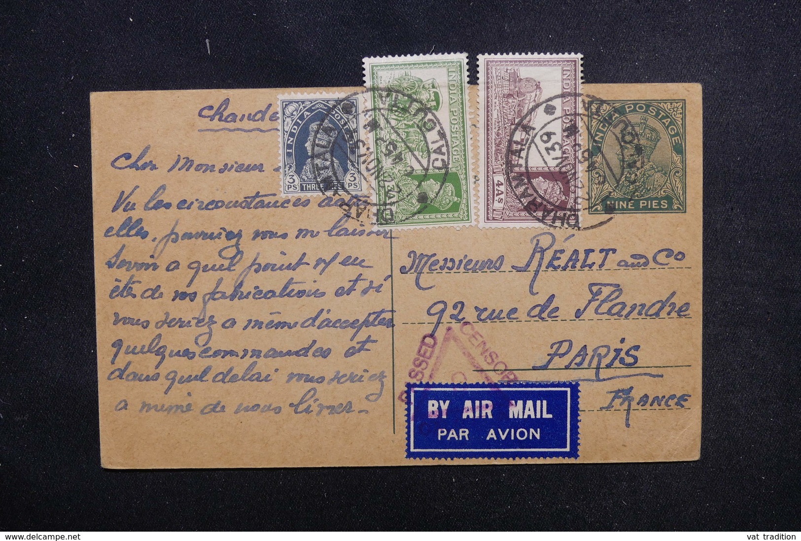 INDE - Entier Postal + Compléments De Calcutta Pour Paris En 1945 Avec Contrôle Postal - L 51790 - 1936-47 Koning George VI