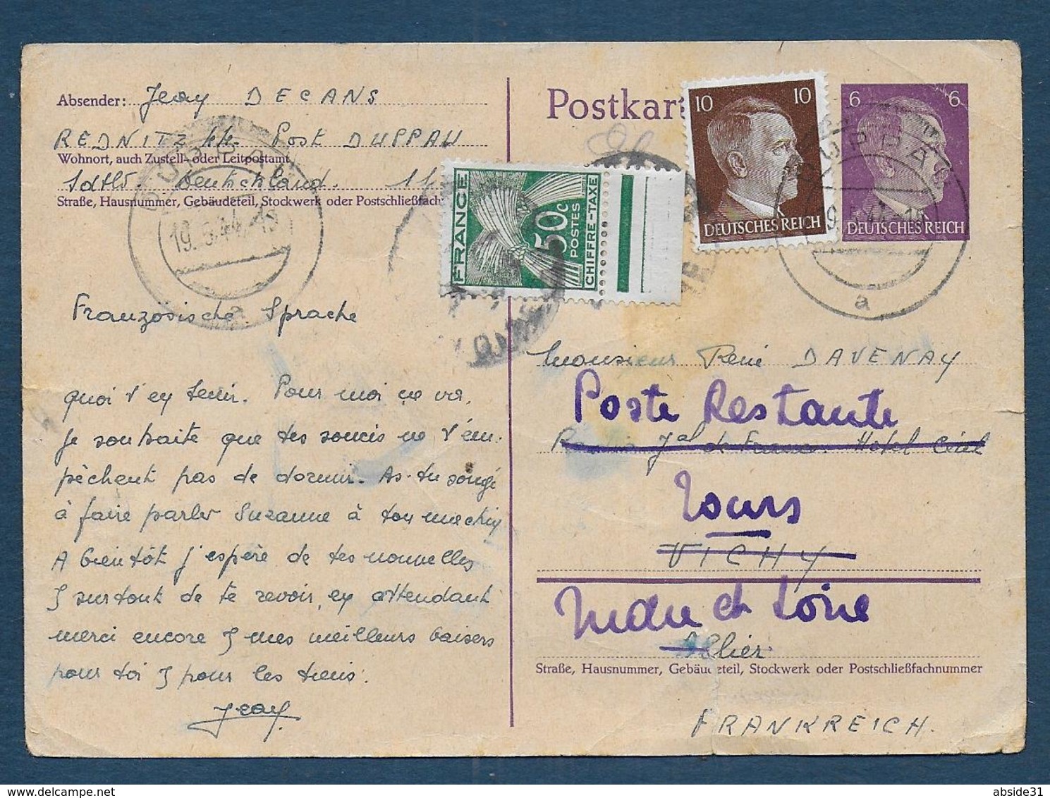 Carte  D' Un Travailleur S.T.O  Taxée à 50 C ( Poste Restante ) - 1859-1959 Covers & Documents