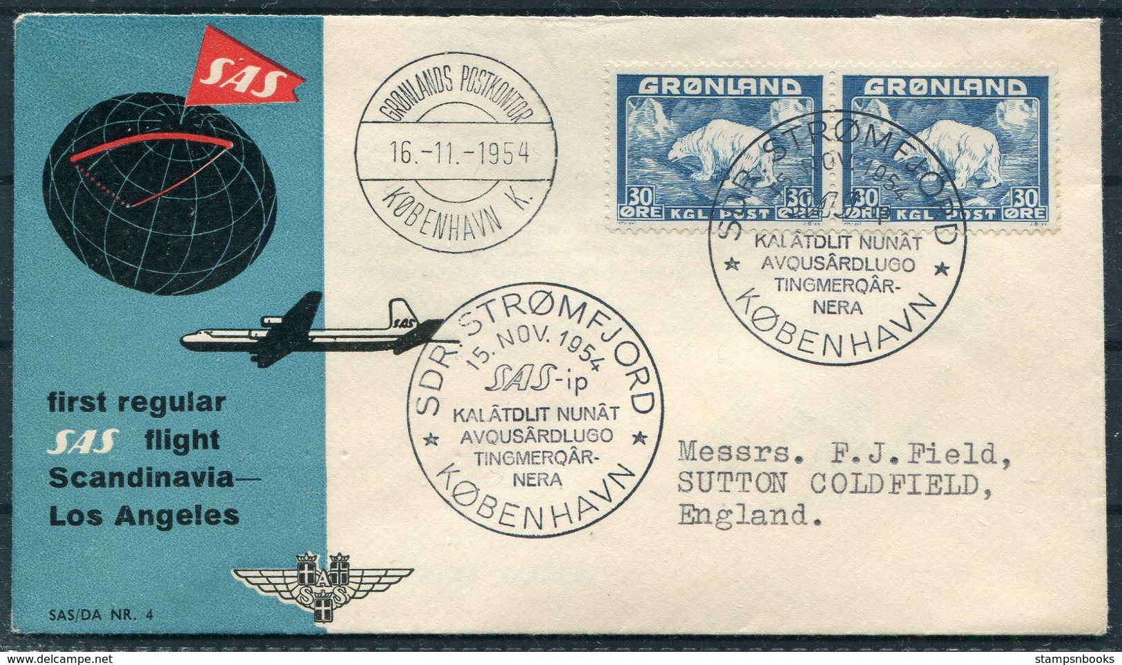 1954 Greenland Denmark SAS First Flight Cover. Stromfjord Copenhagen. Polar Bear - Lettres & Documents