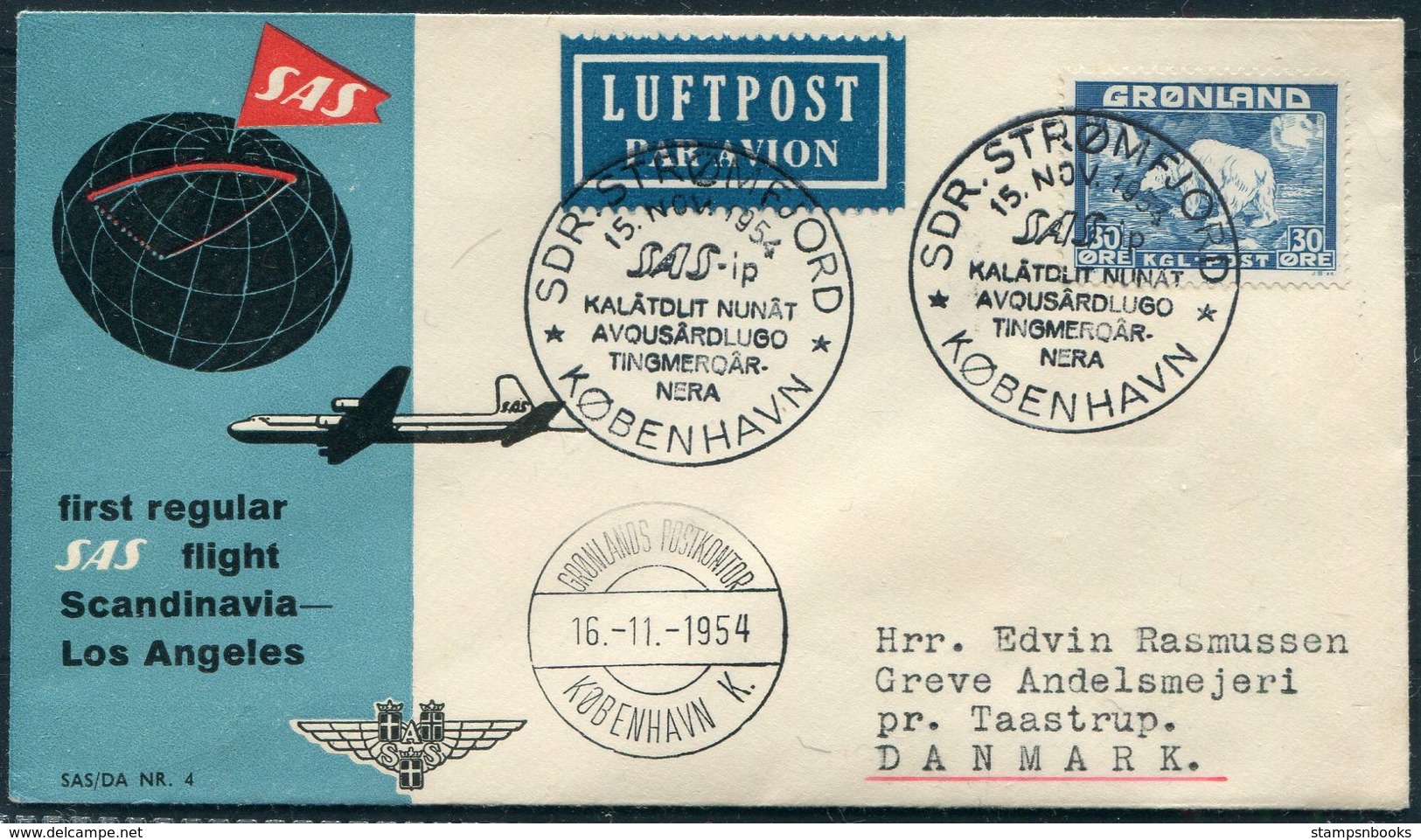 1954 Greenland Denmark SAS First Flight Cover. Stromfjord Copenhagen. Polar Bear - Covers & Documents