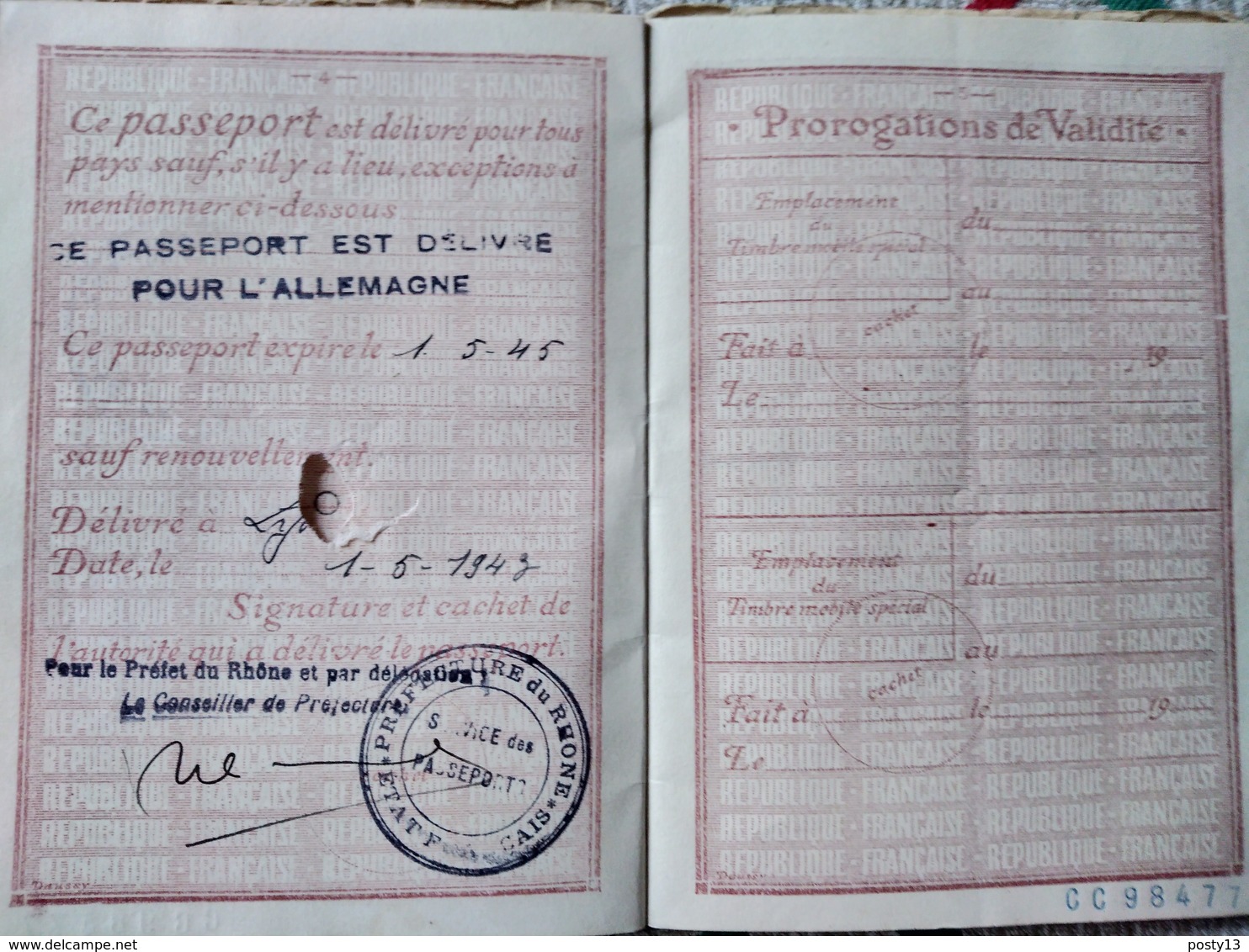 WW2 - PASSEPORT FRANÇAIS DÉLIVRÉ POUR L' ALLEMAGNE - 1943 - Préfecture Du Rhône -  Cachets - Visas - BE - Historische Dokumente