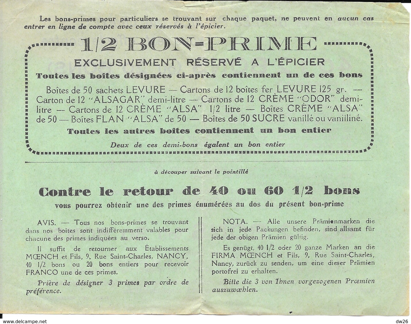 1/2 Bon-Prime Exclusivement Réservé à L'Epicier (Levure, Flan Alsa) - Bons & Nécessité