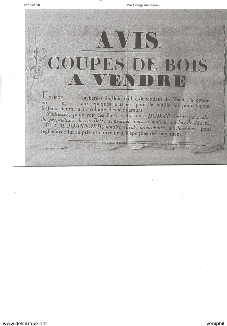 CHASSELAY - RHONE -PETITE AFFICHE DE 1823 -AVIS COUPES DE BOIS A VENDRE AU BAS DE MACHI. - Plakate