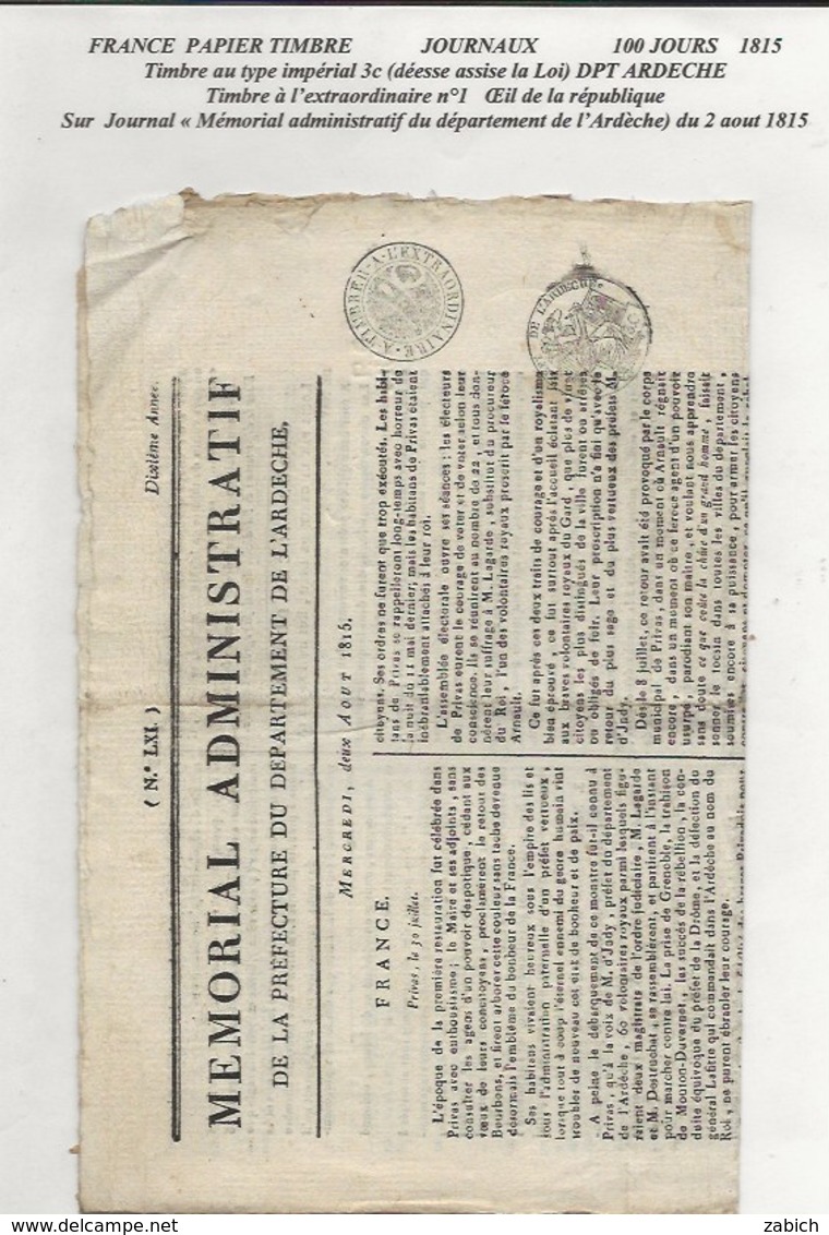 FISCAUX DE FRANCE Journaux 2 Aout 1815 "100 Jours"  Timbres De L'Empire 3 C Et Extra Oeil De La Republique - Sonstige & Ohne Zuordnung