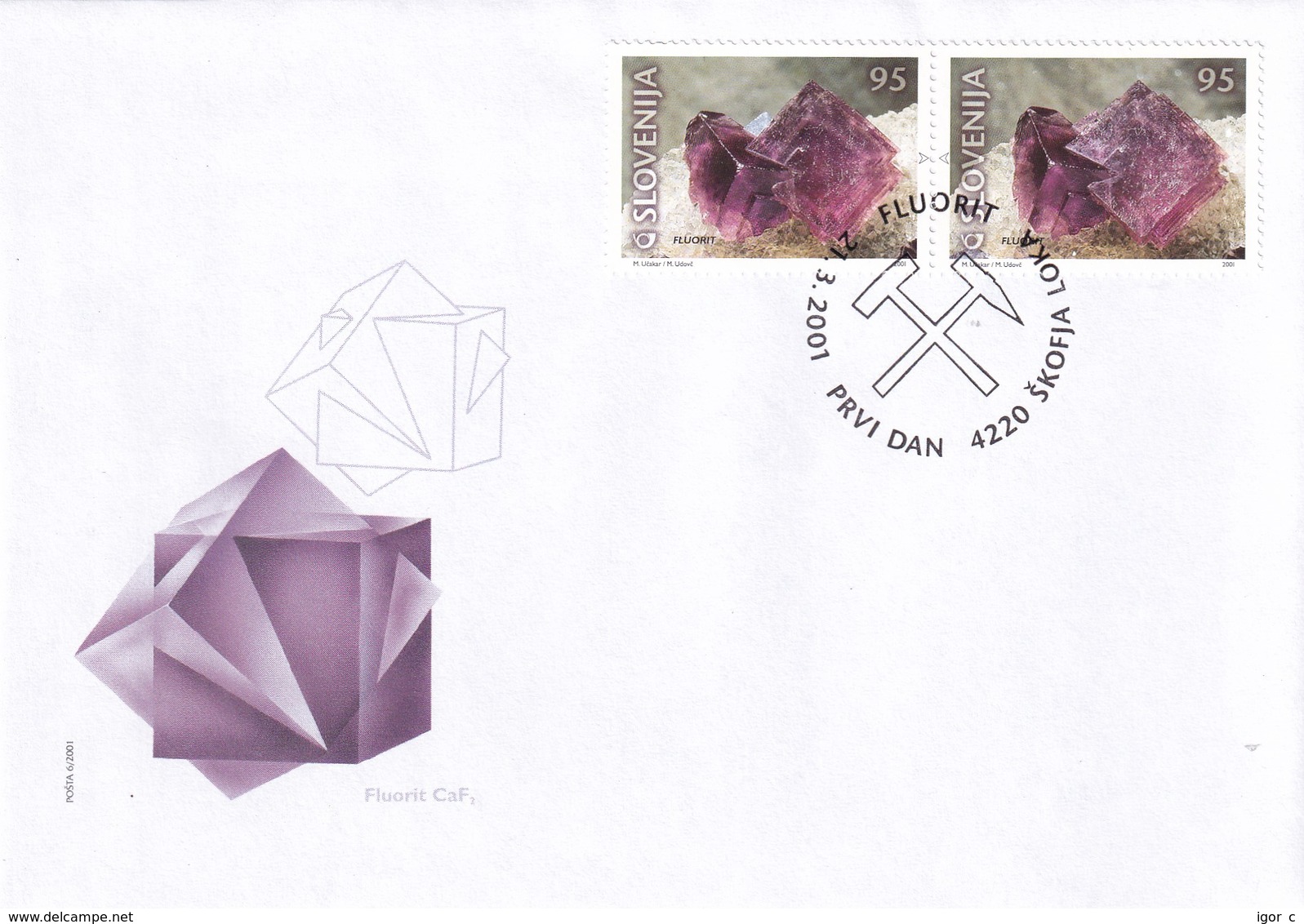 Slovenia Slovenie Slowenien 2001 Fdc Cover: Mi 345-6; Minerals Fossils; Fluorit; Škofja Loka Cancellation Mine - Sonstige & Ohne Zuordnung